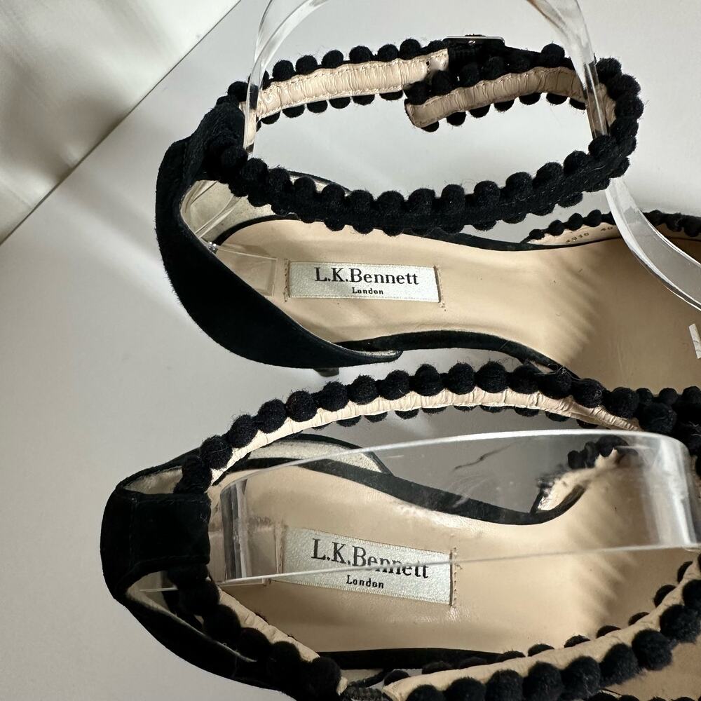 LK Bennett Women's Black Pom Pom Suede D'Orsay Heels Size 40 Size 9 - Picture 2 of 10